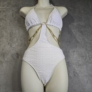One Piece Swimsuit Size Small White Textured Triangle Chain Link High Cut